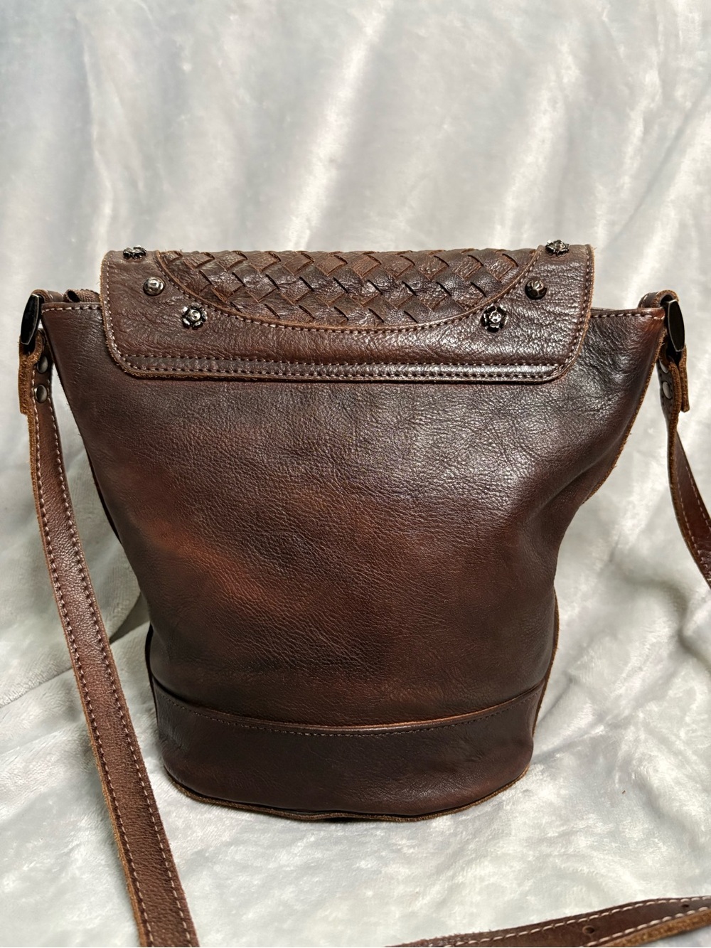 Vintage Italian Artisan Brown Woven Flap Leather Crossbody Bag - Picture 7 of 10